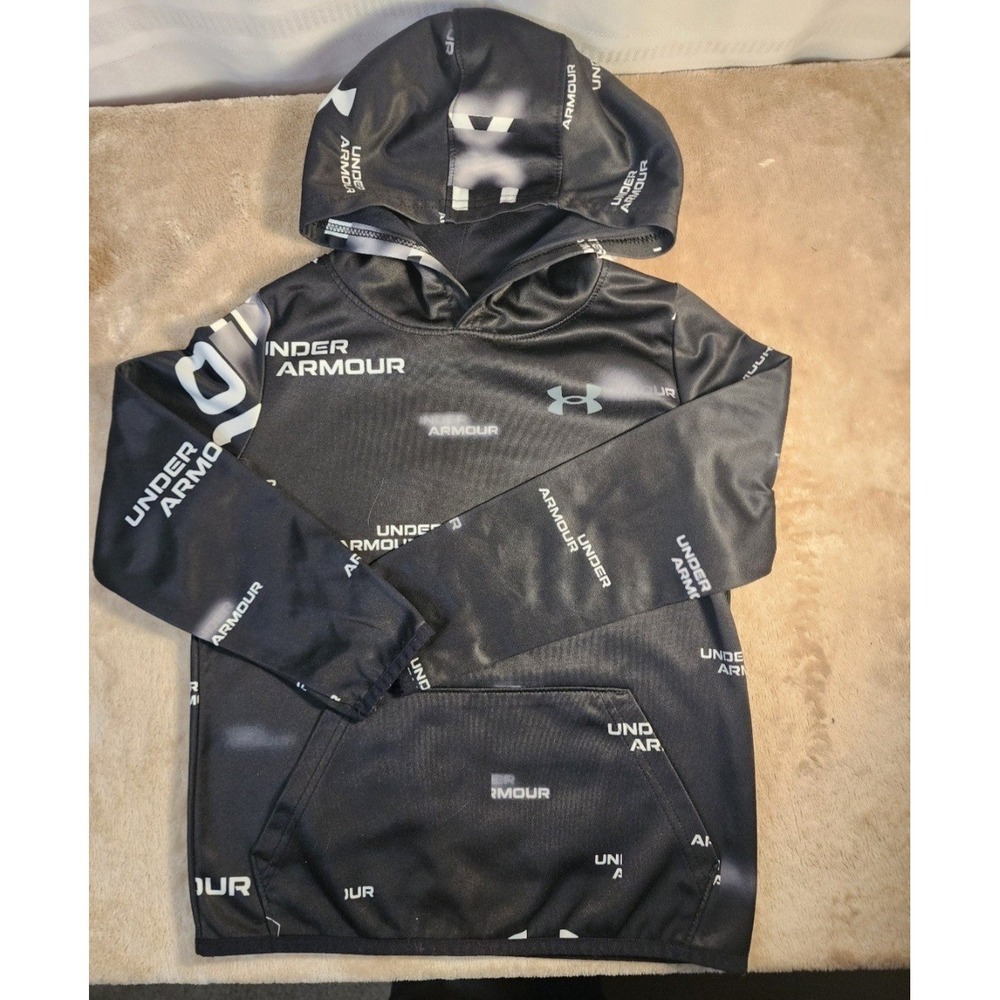 Under Armour Boy's YXS Black Logo Hoodie Sweatshirt Loose Fit C3
